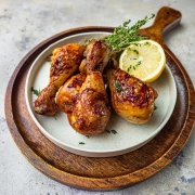 Knusprige Hähnchenkeulen auf einem Teller mit Kräutern und einer halbe Zitrone angerichtet