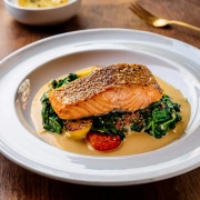 gebratenes Lachsfilet mit Spinat und toskanischer Sahnesauce