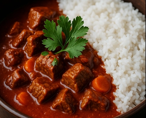 Leckeres Demadura RIndergulasch mit Reis und geräucherter Paprika