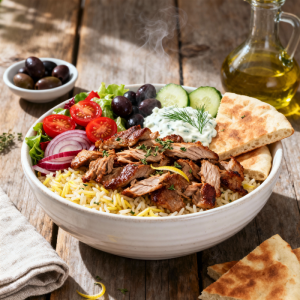 Leckere Gyros Bowl mit buntem Gemüse, Reis und Tzatziki