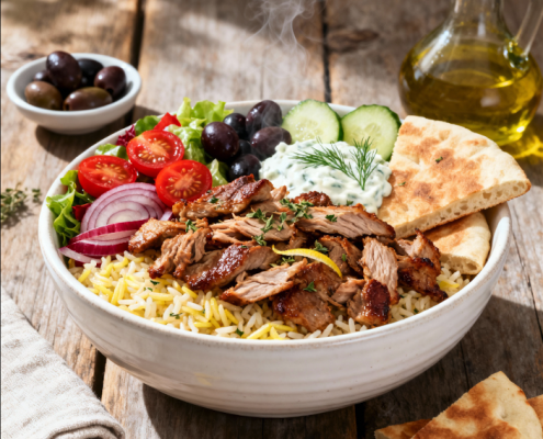 Leckere Gyros Bowl mit buntem Gemüse, Reis und Tzatziki