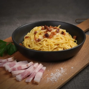Original Italienische Spaghetti Carbonara mit Guanciale auf einem Holzbrett