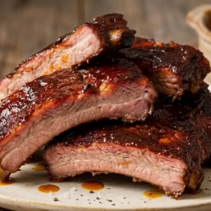 Glasierte Kansas City Style Spareribs mit klebriger BBQ-Sauce auf Holzbrett