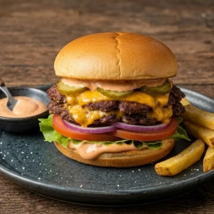 Doppelter Smash Burger mit knusprigem Rand, geschmolzenem Käse und Burger