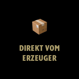 Auf schwarzem Hintergrund ist ein brauner Karton abgebildet. Darunter steht in goldener Schrift der Text: DIREKT VOM ERZEUGER.