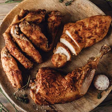 Eine Holzplatte mit verschiedenen gebratenen Hähnchenteilen: knusprige Flügel, ein aufgeschnittenes Hähnchenbrustfilet und eine Keule, garniert mit Kräutern.