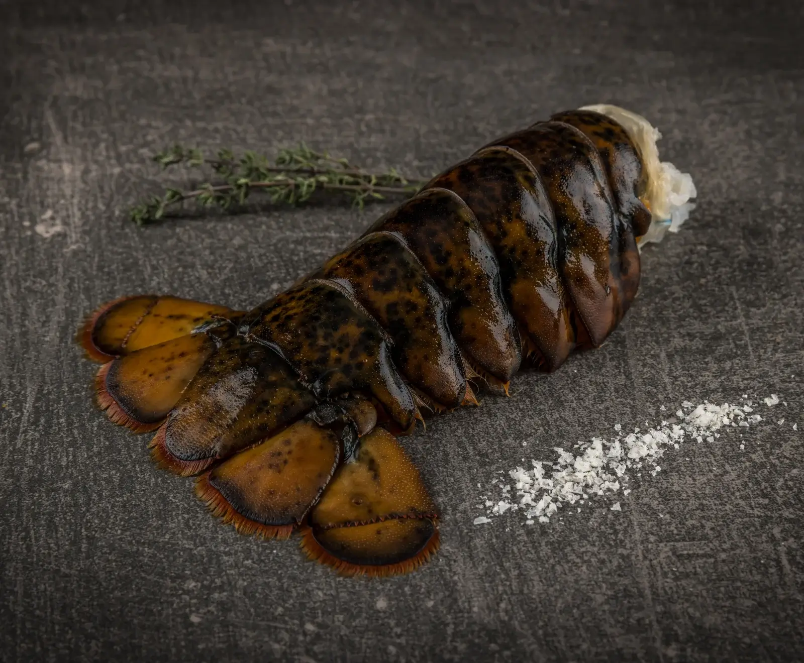 Roher Hummerschwanz auf dunklem Untergrund, mit Thymianzweigen und einer Spur groben Salzes. Der Schwanz ist dunkelbraun-orange gefärbt, das rohe Fleisch ist am Schnittende sichtbar.