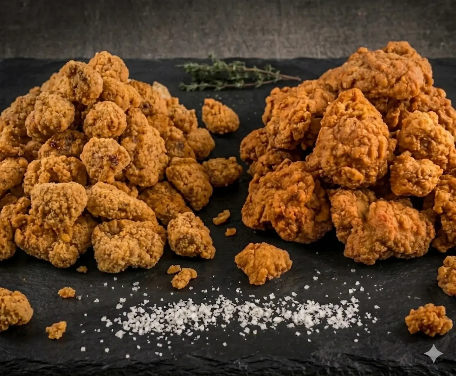 Zwei Haufen goldbrauner, knusprig panierter Hähnchenstücke auf einer dunklen Schieferplatte, garniert mit grobem Salz und einem Thymianzweig.