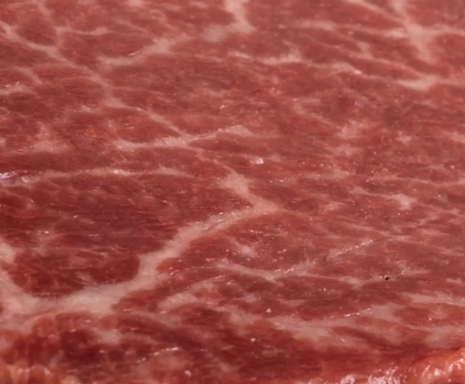 Nahaufnahme von rotem Rindfleisch mit feiner, weißer Marmorierung, die ein komplexes Muster bildet. Die Fettadern sind gleichmäßig im Muskelfleisch verteilt.