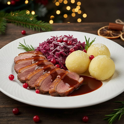 Ein festlicher Teller mit aufgeschnittener Entenbrust, Rotkohl mit Preiselbeeren und drei Kartoffelknödeln, garniert mit Rosmarin. Im Hintergrund verschwommene Weihnachtsbeleuchtung und Tannenzweige.