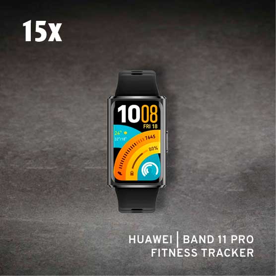Ein schwarzer Huawei Band 11 Pro Fitness Tracker auf dunklem, strukturiertem Hintergrund. Das Display zeigt 10:08 Uhr, Freitag 18, 24°C, 7645 Schritte und eine 80% Fortschrittsanzeige. Oben links steht "15x", unten rechts der Produktname.