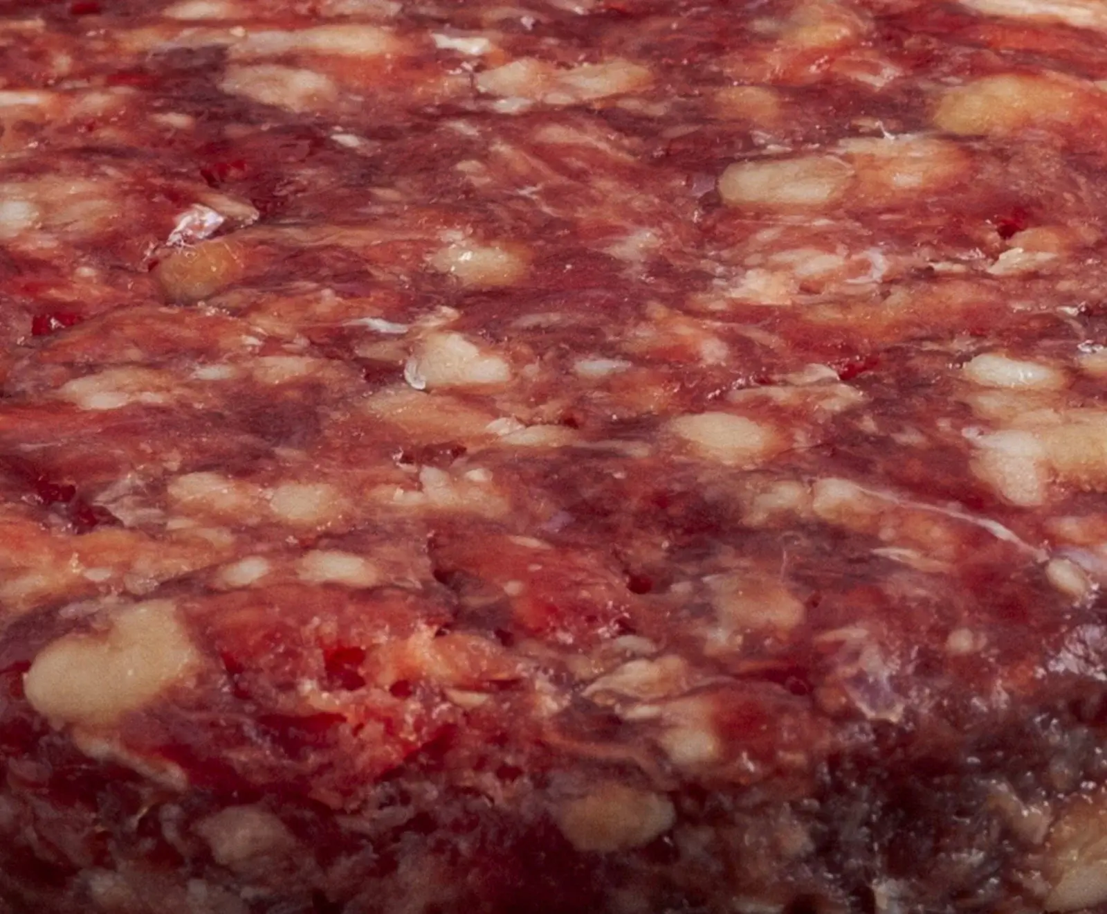 Nahaufnahme einer Wurstscheibe, die eine grobe Textur aus dunkelrotem Fleisch und unregelmäßigen, hellen Fettstücken zeigt.