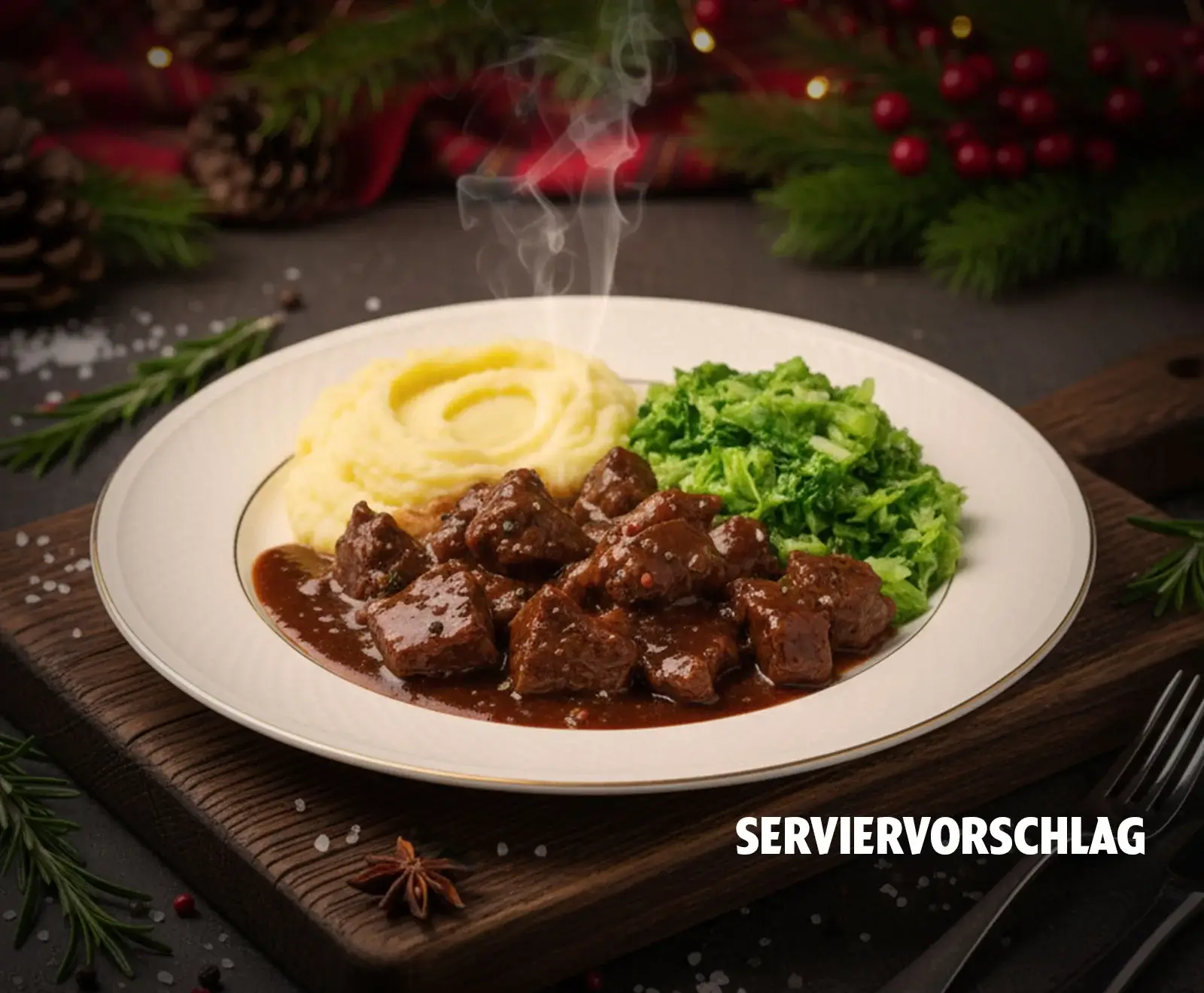 Ein dampfender Teller mit Gulasch, Kartoffelpüree und grünem Gemüse, angerichtet auf einem Holzbrett vor weihnachtlicher Dekoration. Unten rechts steht 'SERVIERVORSCHLAG'.
