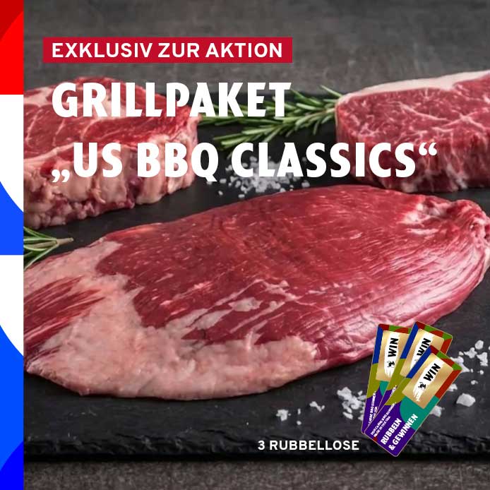 Vier rohe, marmorierte Steaks liegen auf einem rustikalen Holzbrett, daneben ein Rosmarinzweig. Über dem Bild steht "EXKLUSIV ZUR AKTION ULTIMATE BBQ SUMMER BOX".