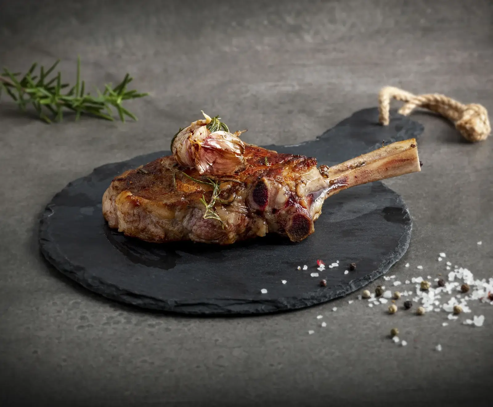 Gegrilltes Lammkotelett mit Rosmarin auf schwarzem Schieferteller, dekoriert mit Salz und Rosmarin.