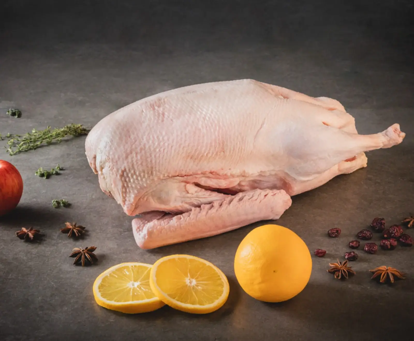 Eine rohe, ganze Ente liegt auf einer dunklen Oberfläche, umgeben von Zutaten wie Orangen, Apfel, Thymian, Sternanis und getrockneten Cranberries, bereit zur Zubereitung.