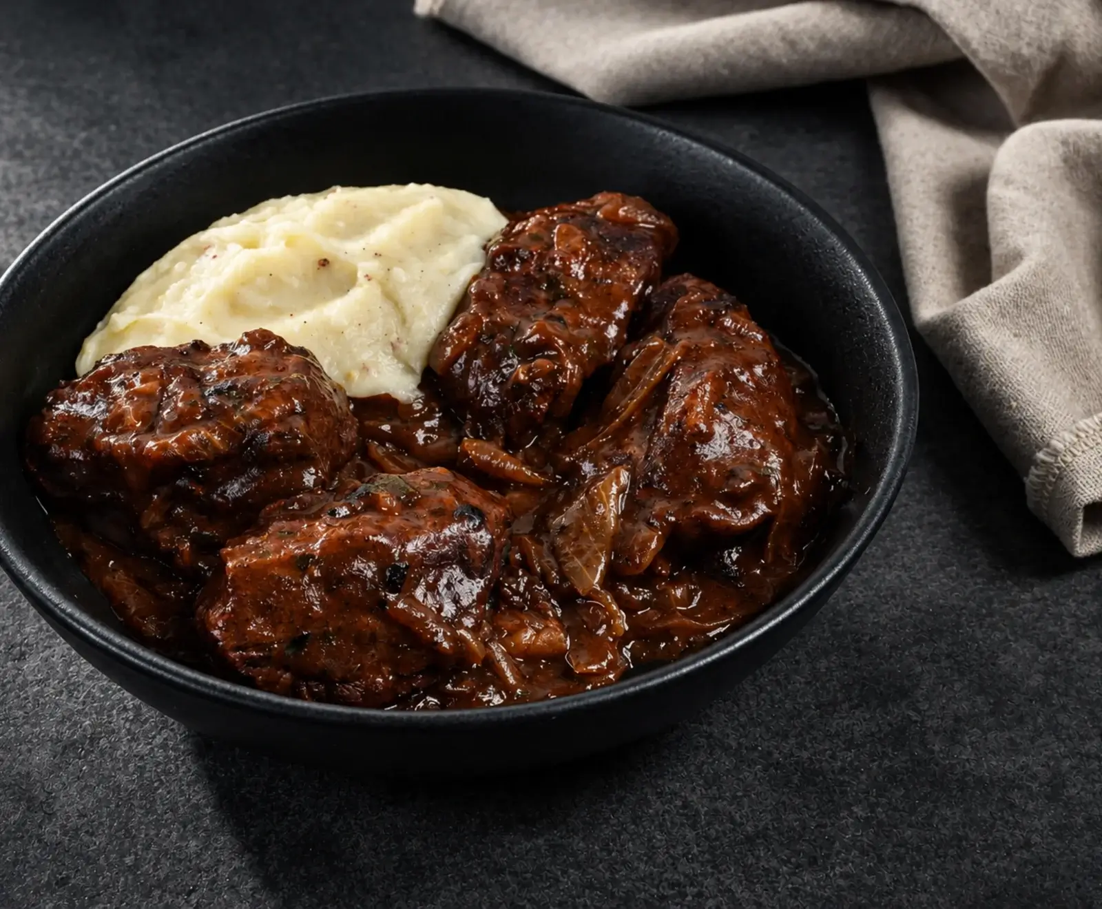 Eine schwarze Schale mit deftigem Gulasch oder Schmorbraten und cremigem Kartoffelpüree auf dunklem Hintergrund, daneben ein beiges Tuch.