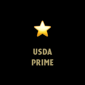 Schwarzer Hintergrund mit einem glänzenden goldenen Stern über dem goldfarbenen Text "USDA PRIME".