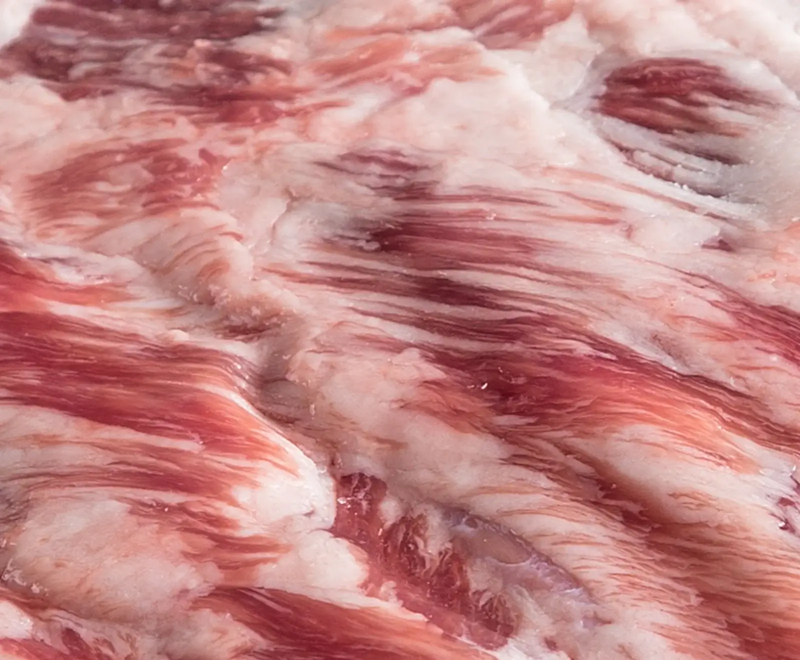 Nahaufnahme von rohem Rindfleisch mit starker Marmorierung, roten Muskelfasern und weißen Fetteinlagerungen.