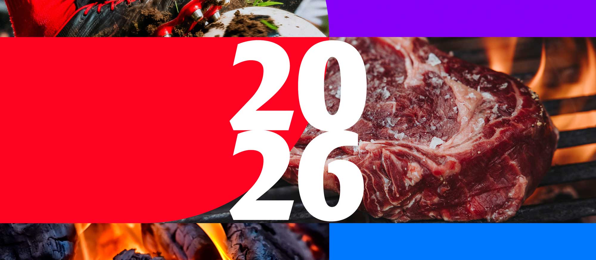 Collage mit rotem Banner "DON CARNE FAN-WOCHEN 2026". Oben links ein Fußballschuh, oben rechts ein rohes Steak auf dem Grill mit Flammen, unten links brennendes Holz, unten rechts ein blaues Feld.
