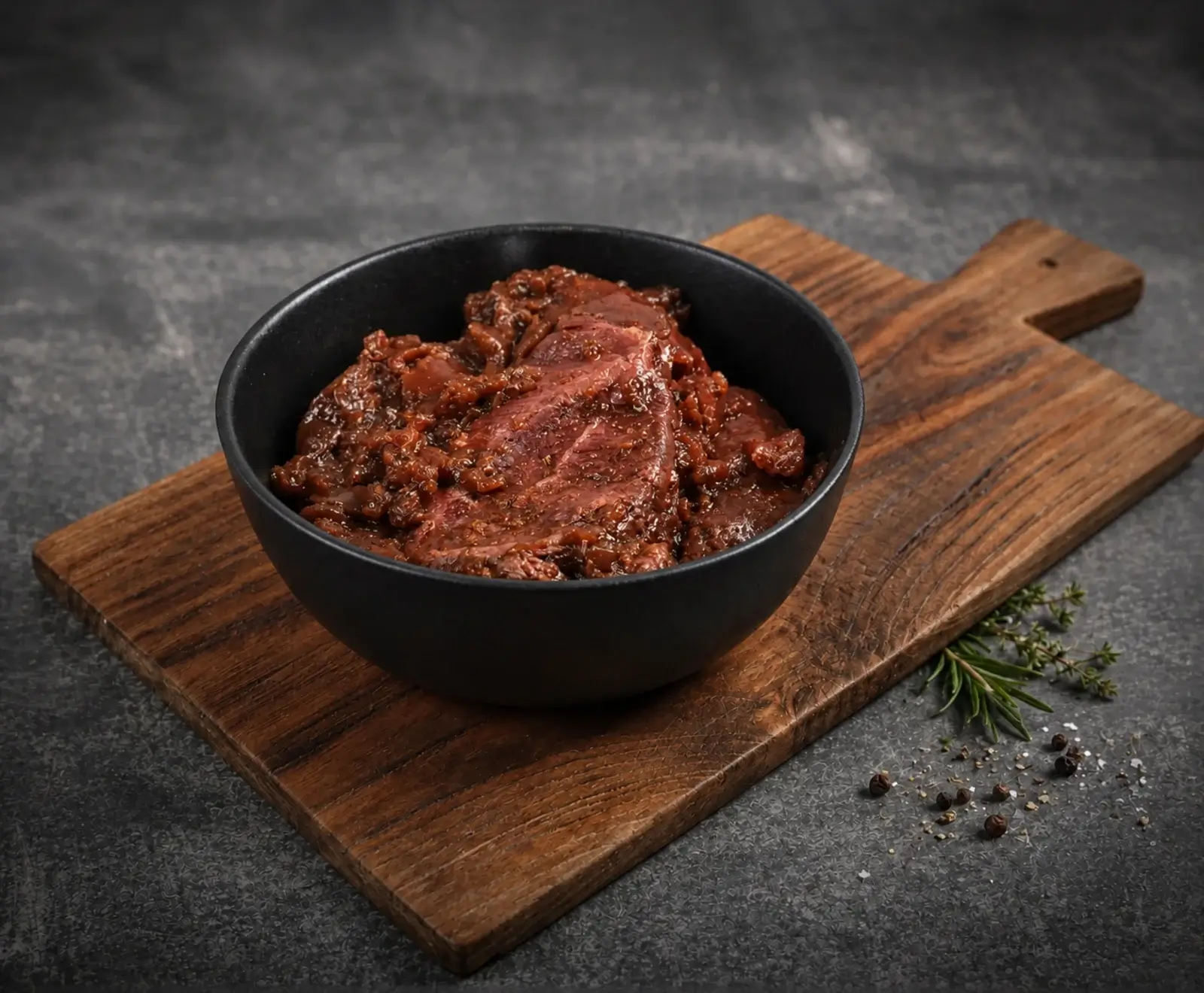 Eine schwarze Schale mit mariniertem rohem Fleisch in dunkler Soße, platziert auf einem rustikalen Holzbrett. Daneben liegen Rosmarin, Thymian, Pfefferkörner und Salz auf dunklem Untergrund.