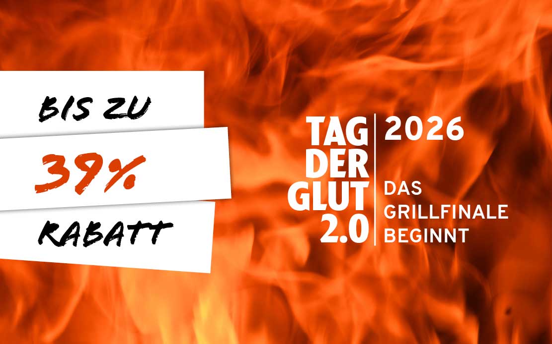 Werbebild mit feurigem Hintergrund. Links weiße Banner mit der Aufschrift "BIS ZU 39% RABATT". Rechts steht "TAG DER GLUT 2026 2.0 DAS GRILLFINALE BEGINNT".