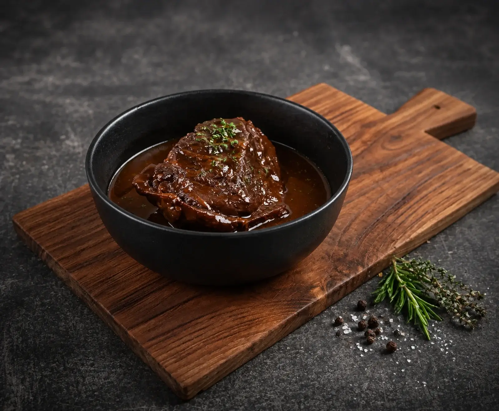 Eine schwarze Schale mit geschmortem Rindfleisch in dunkler Soße, garniert mit frischen Kräutern, steht auf einem Holzbrett. Daneben liegen Rosmarin, Thymian, Pfeffer und Salz auf dunklem Untergrund.