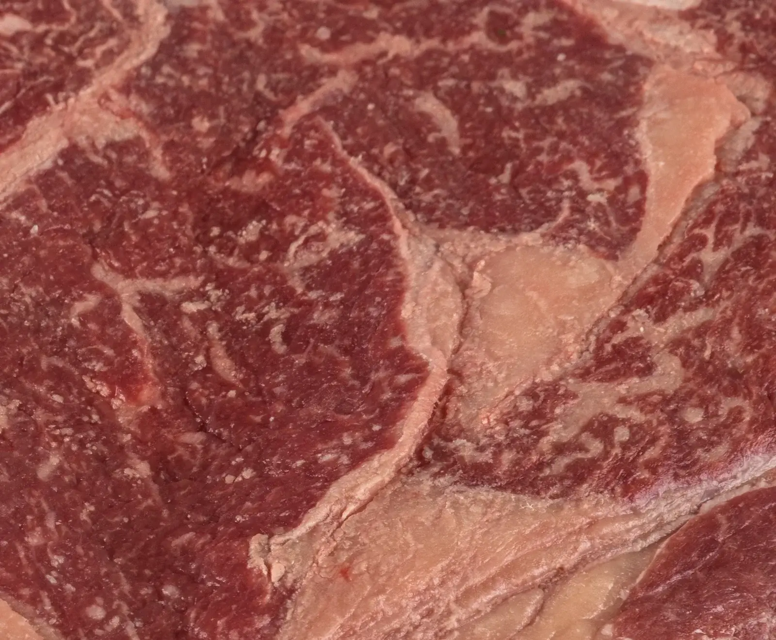 Nahaufnahme von rohem Rindfleisch mit deutlicher Marmorierung, wobei rote Muskelfasern und weiße Fetteinlagerungen ein komplexes, natürliches Muster bilden.