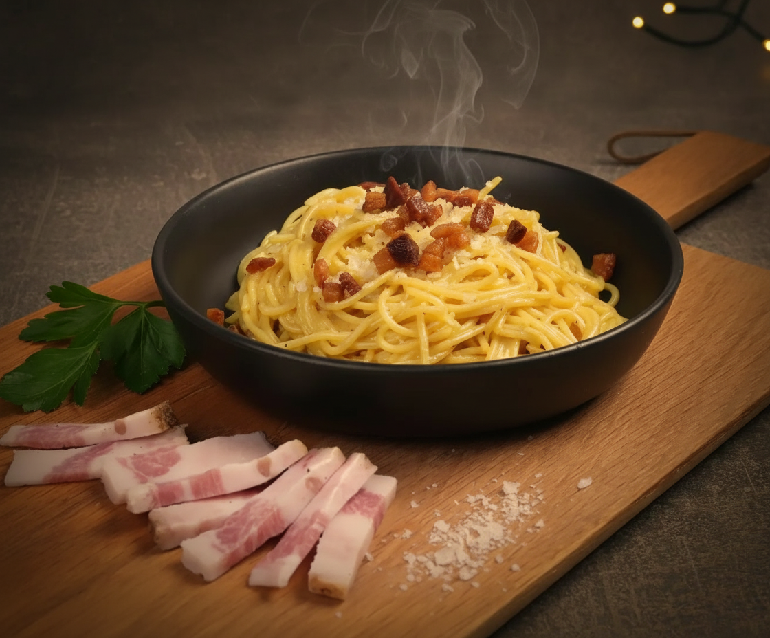 Dampfende Spaghetti Carbonara in einer schwarzen Schale auf einem Holzbrett. Die Pasta ist mit knusprigem Speck und geriebenem Käse garniert. Daneben liegen rohe Speckscheiben, Petersilie und grobes Salz.