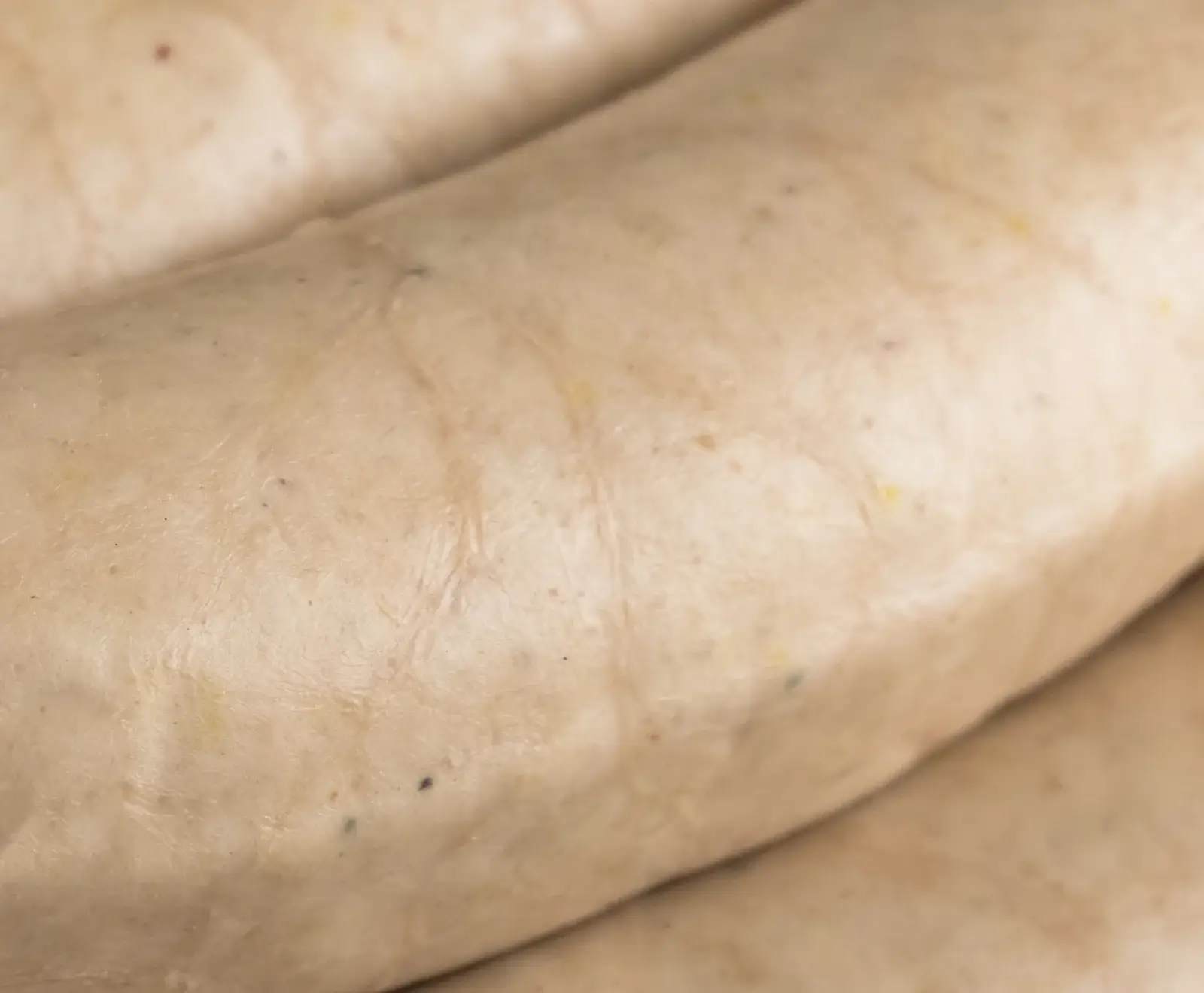 Nahaufnahme einer hellbeigen, ungekochten Wurst mit glatter, leicht faltiger Oberfläche und feinen dunklen sowie gelblichen Sprenkeln, die eine gekrümmte Form zeigt.