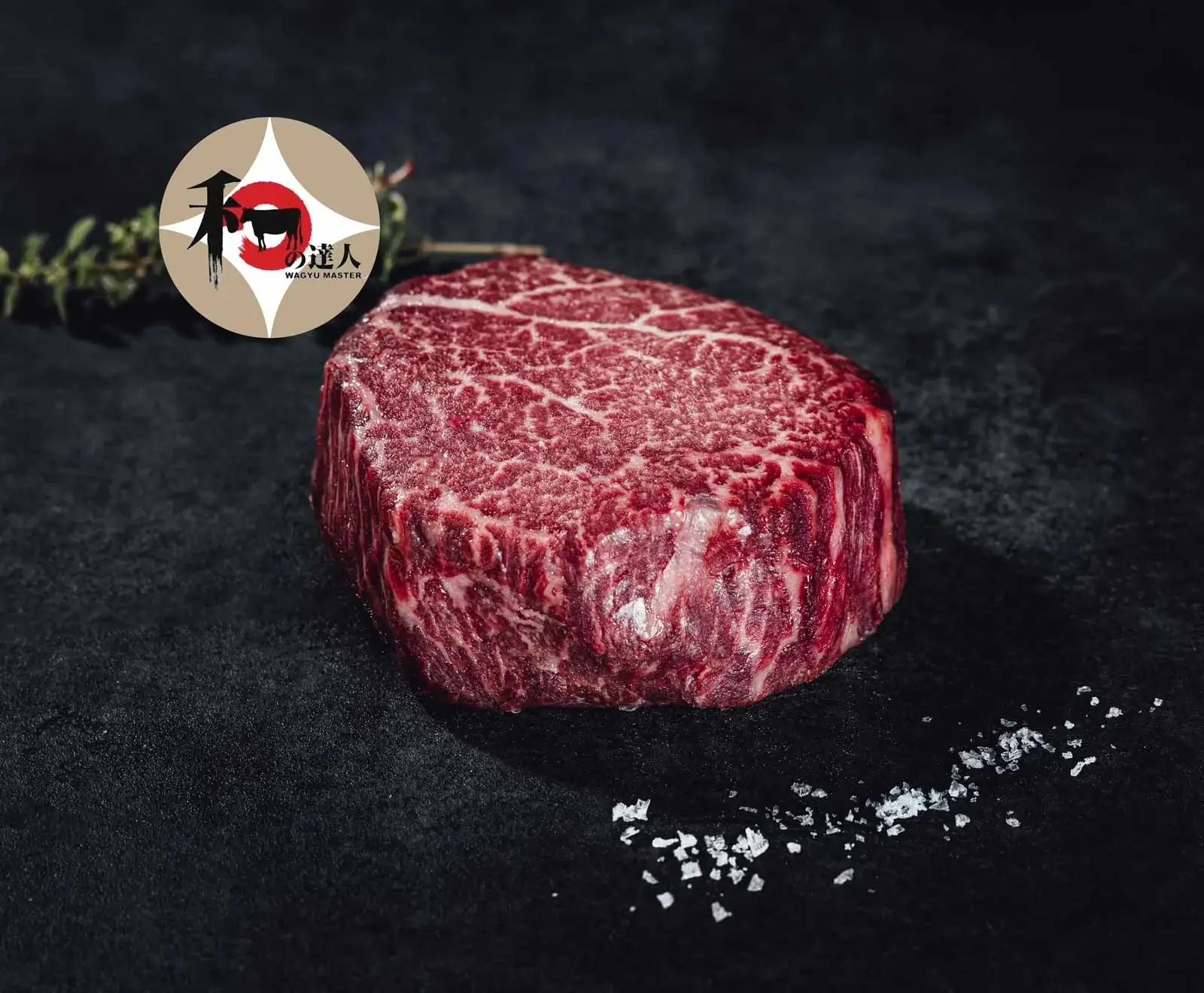 Ein rohes, stark marmoriertes Wagyu-Rinderfilet auf dunklem Untergrund, mit Meersalzflocken und dem Wagyu Master Logo im Hintergrund.