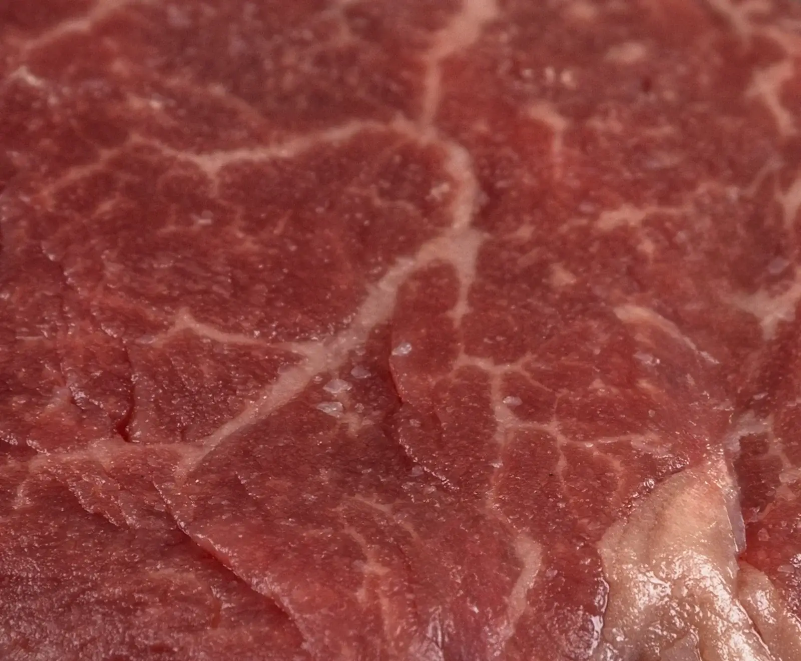 Nahaufnahme von rohem, rotem Fleisch mit deutlicher Marmorierung aus weißen Fettadern und kleinen Salzkristallen auf der Oberfläche.