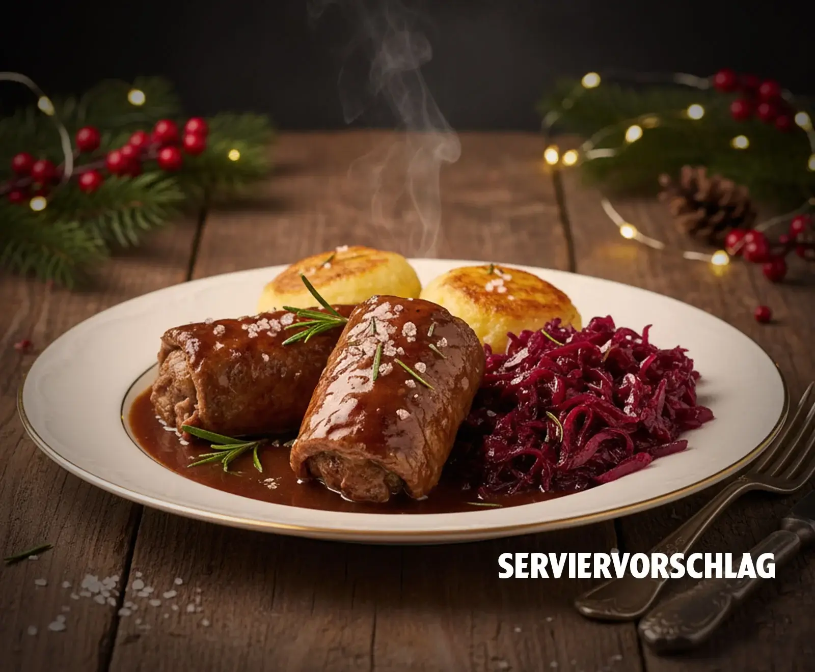 Zwei dampfende Rouladen mit Bratensoße, Rosmarin und grobem Salz, dazu Kartoffelpuffer und Rotkohl auf einem Teller vor festlicher Weihnachtsdekoration auf Holztisch.