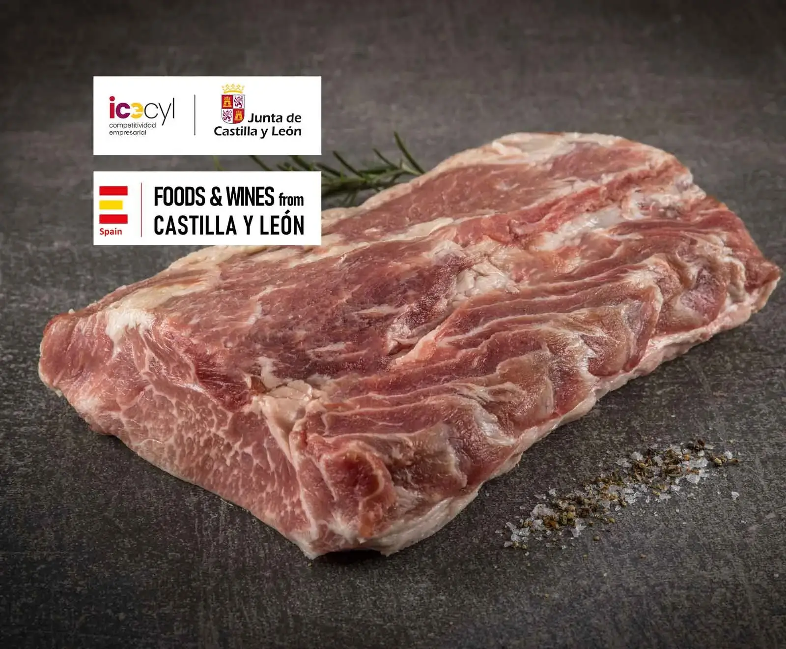 Ein großes Stück rohes Schweinefleisch mit Marmorierung und Fettschichten liegt auf einer dunklen Oberfläche. Daneben sind grobes Salz und Pfeffer sowie ein Rosmarinzweig zu sehen. Oben links sind Logos von Castilla y León, Spanien.