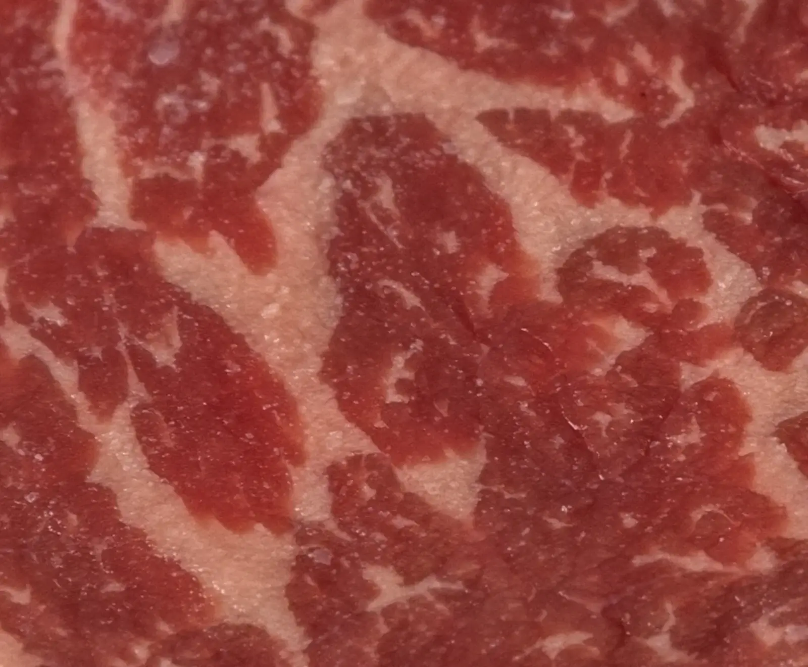 Detaillierte Nahaufnahme von rotem Fleisch mit ausgeprägter weißer Marmorierung, die ein feines Netzmuster bildet.