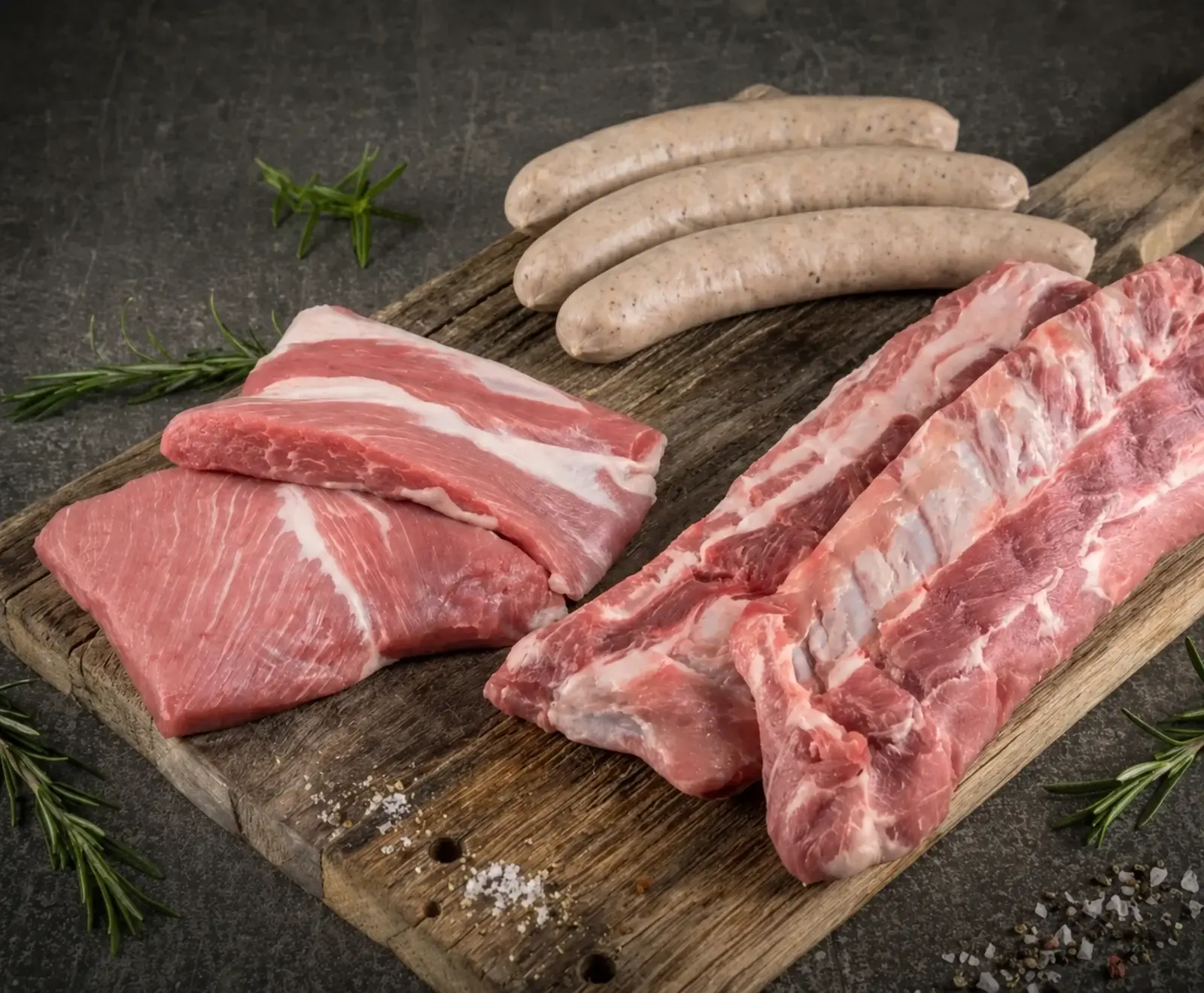 Rohes Schweinefleisch auf einem Holzbrett: Links zwei Stücke Bauchfleisch, rechts drei Bratwürste und zwei Rippchen. Dazu Rosmarin, Salz und Pfeffer auf dunklem Hintergrund.