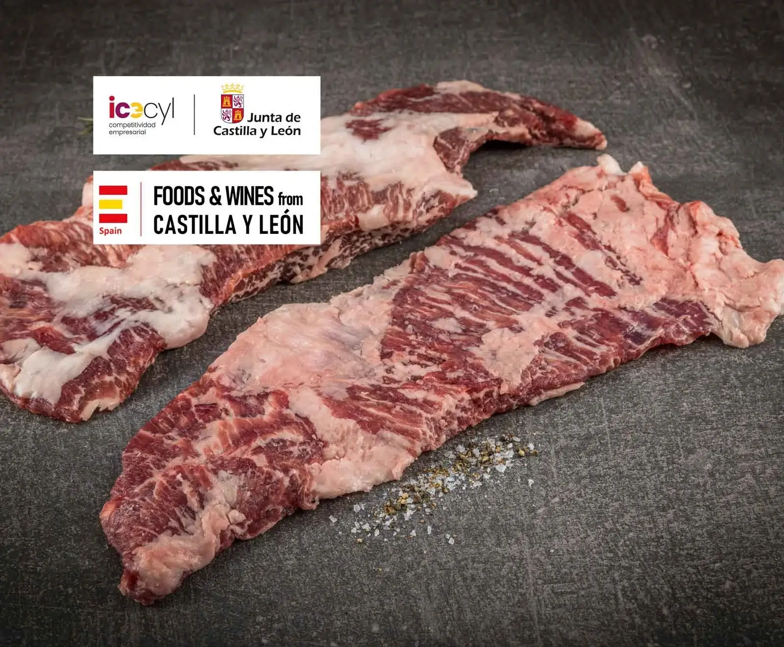 Zwei Stücke rohes, marmoriertes Rindfleisch liegen auf einem dunklen Untergrund, daneben grobes Salz und Pfeffer. Im oberen Bereich sind Logos von "Junta de Castilla y León" und "Foods & Wines from Castilla y León" zu sehen.