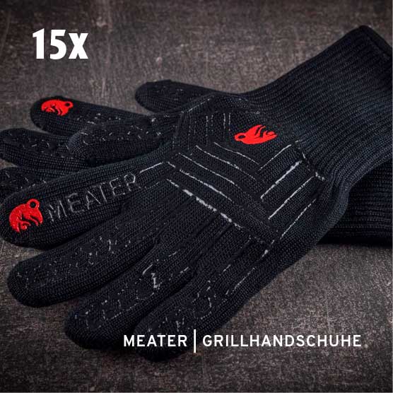 Schwarze Meater Grillhandschuhe mit rotem Meater-Logo und weißem Anti-Rutsch-Muster. Der Schriftzug "MEATER" ist auf den Fingern sichtbar. Das Bild zeigt den Hinweis "15x".