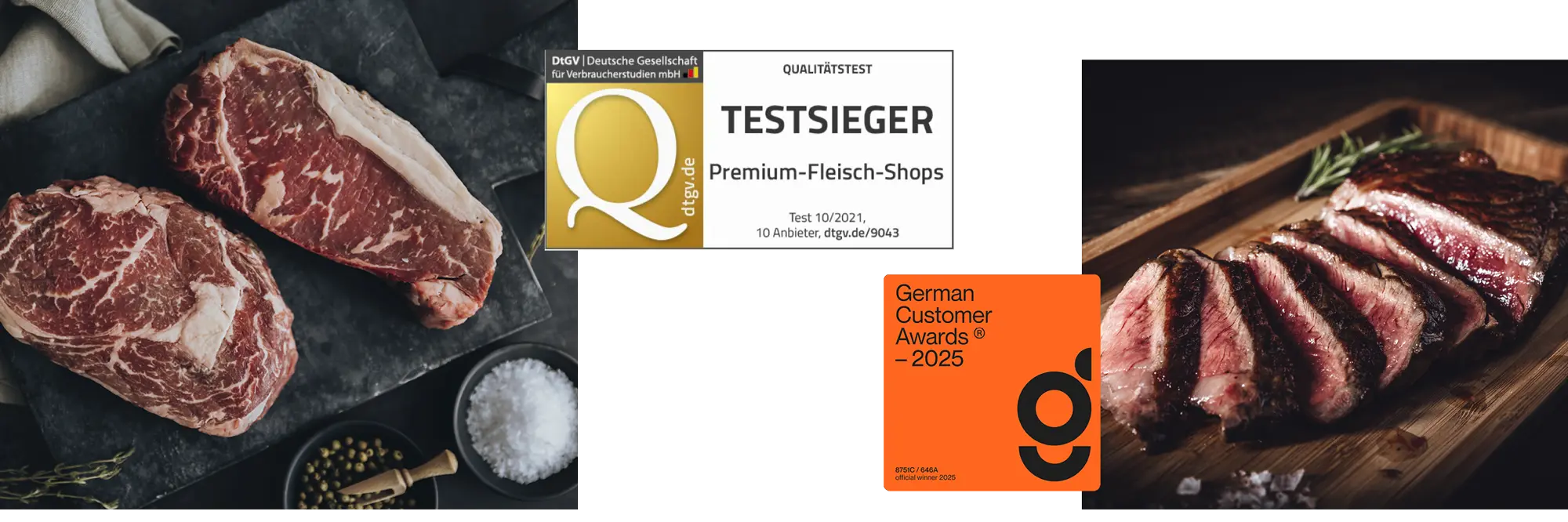 Testsieger Collage Unsere Testsieger Auszeichnung und frisches Fleisch