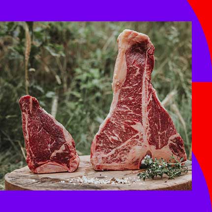 Zwei rohe, marmorierte Steaks, ein großes T-Bone und ein kleineres, stehen auf einer Holzscheibe. Grobes Salz, Pfeffer und ein Thymianzweig liegen daneben. Der Hintergrund ist unscharfes Grün.