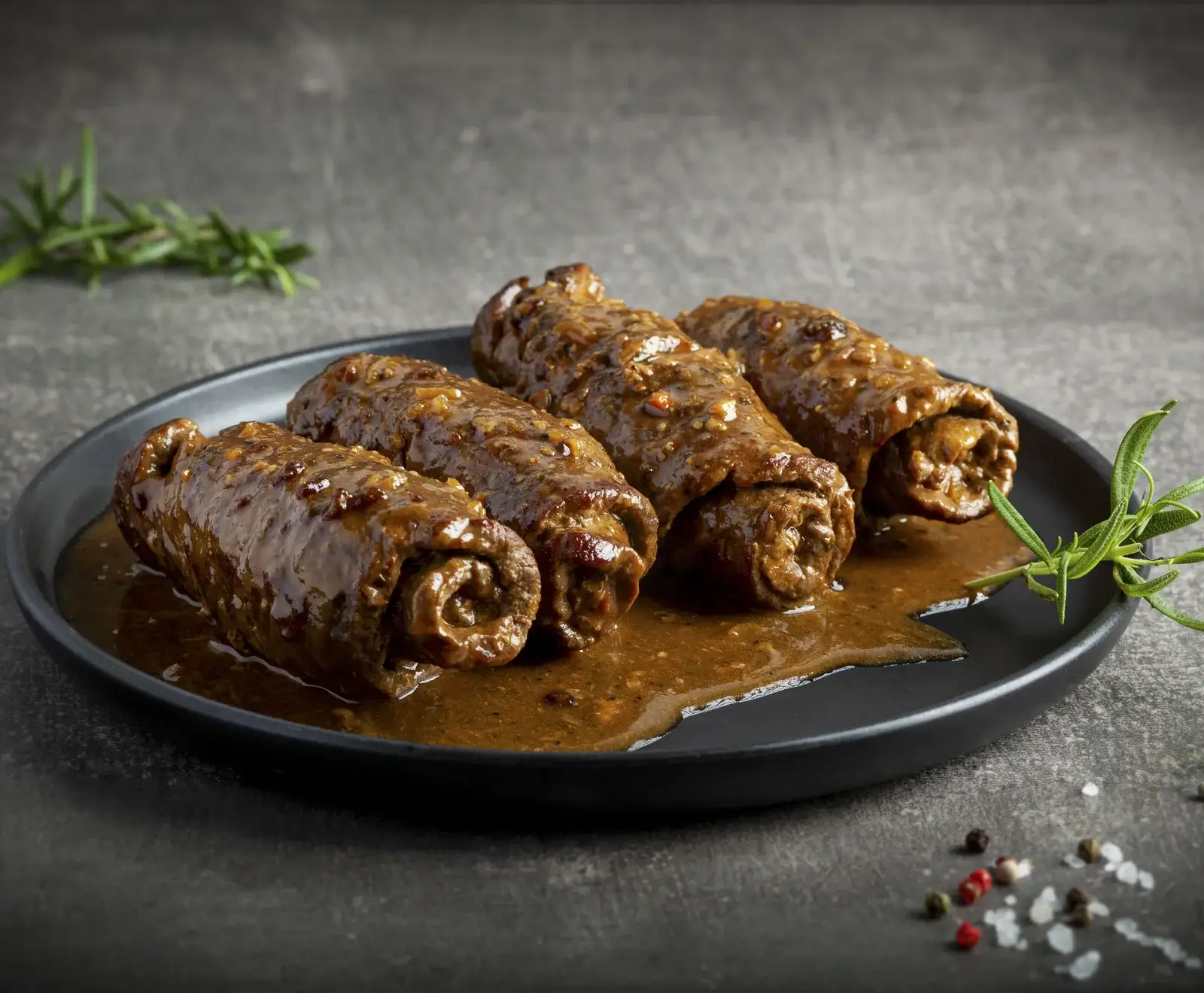 Vier saftige Rinderrouladen in reichhaltiger brauner Soße auf einem dunklen Teller, garniert mit frischem Rosmarin, Pfefferkörnern und grobem Salz auf grauem Hintergrund.