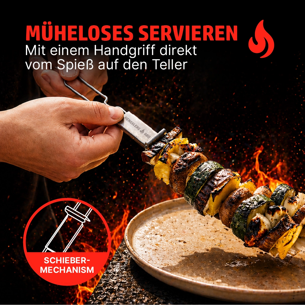 Eine Hand benutzt ein Hensslers BBQ Schieber-Werkzeug, um gegrilltes Gemüse (Zucchini, Kartoffeln) mühelos von einem Spieß auf einen Teller zu schieben, mit Flammen im Hintergrund.
