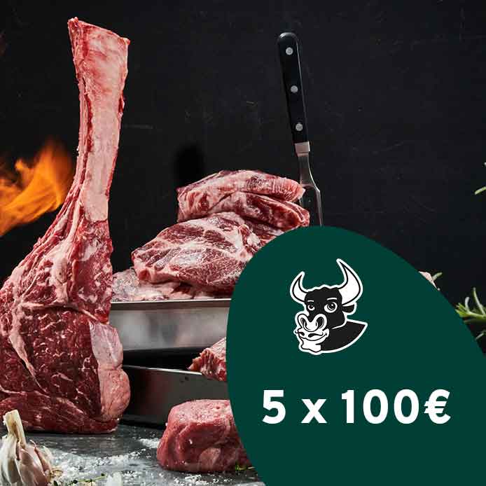 Rohes Tomahawk-Steak und weitere Fleischstücke auf dunklem Hintergrund mit Flammen, Gabel, Knoblauch und Gewürzen. Rechts ein grünes Logo mit Stierkopf und der Aufschrift "5 x 100€".