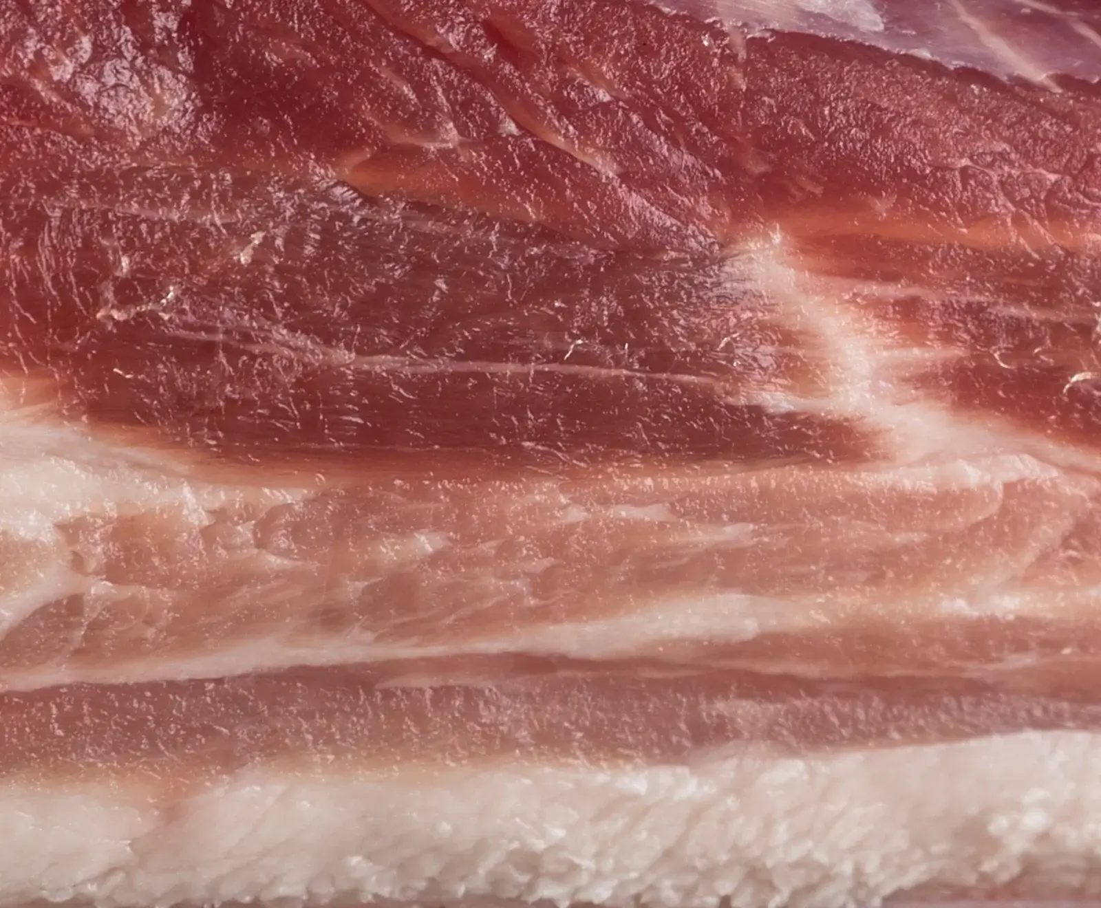 Nahaufnahme von rohem Schweinebauch mit deutlichen Schichten aus rotem Muskelfleisch und weißem Fett.