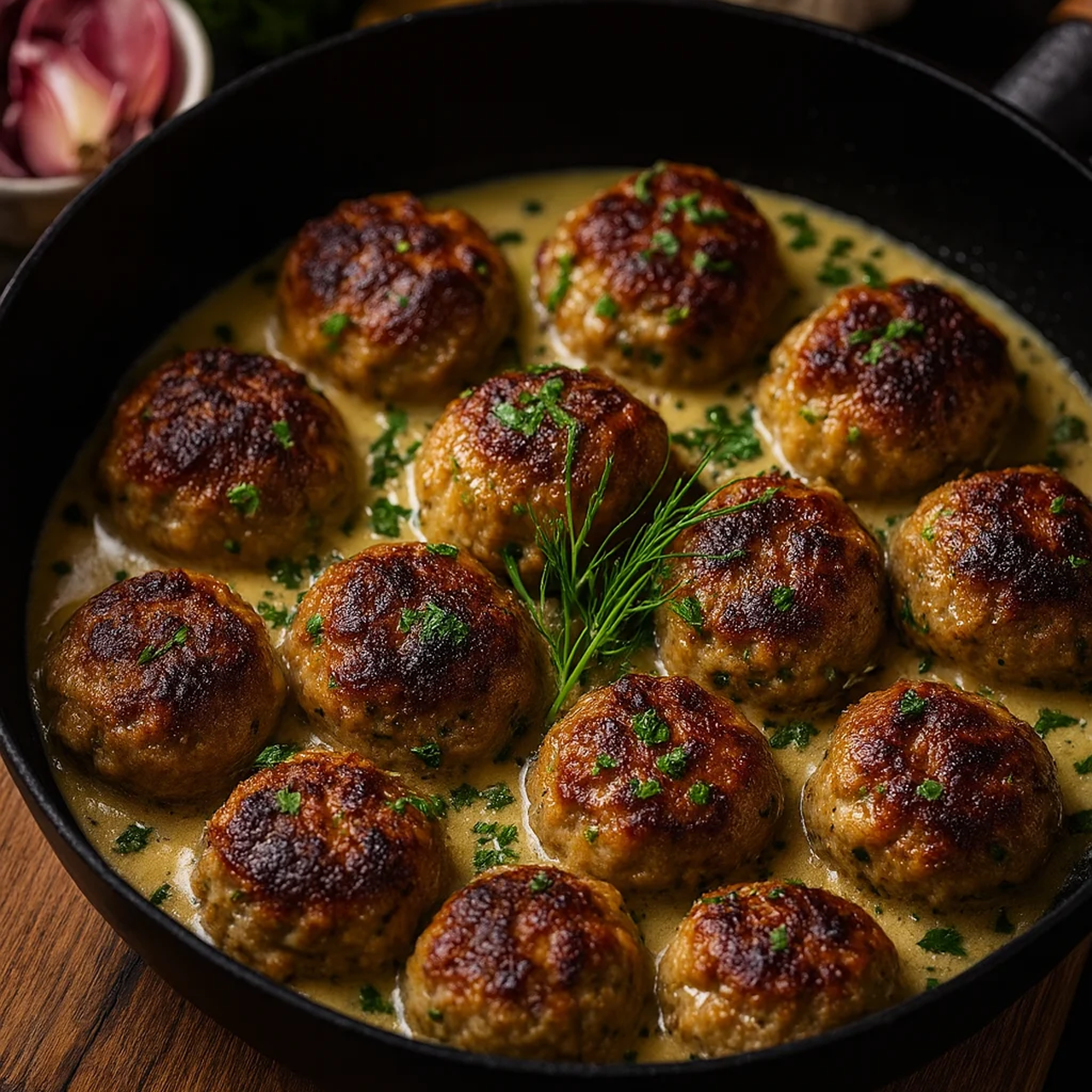 Nahaufnahme einer schwarzen Pfanne mit zwölf goldbraun gebratenen Fleischbällchen in cremiger, heller Soße, garniert mit gehackten Kräutern und einem Dillzweig. Im Hintergrund unscharf Zwiebeln.