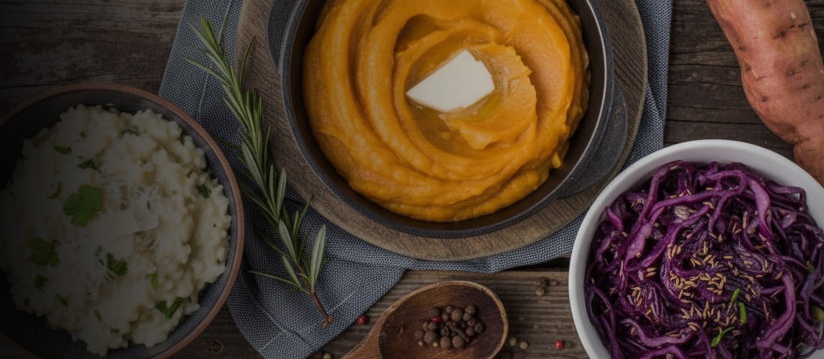 Drei Schüsseln mit Beilagen auf einem Holztisch: cremiges Risotto, Süßkartoffelpüree mit Butter und Rotkohl mit Kümmel. Dazu Rosmarin, Gewürze und eine Süßkartoffel.
